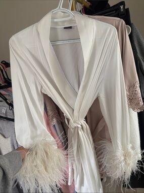 Women's Cream Satin Feather-Trim Robe with Self-Tie Waist